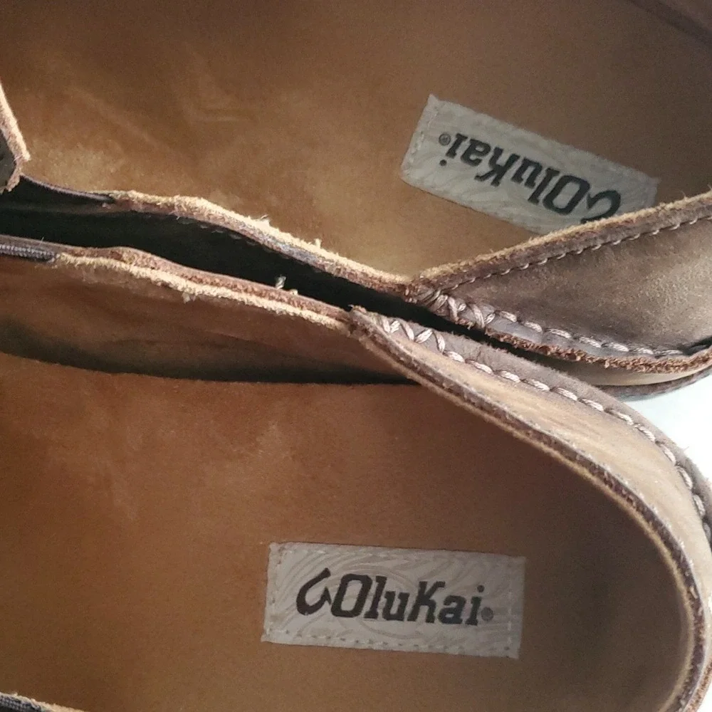OluKai Moloa Slip On Shoes Dark Wood Leather Comfort Casual Loafers Mens 13
